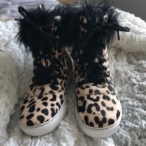 NEW Linea Paolo Gigi Faux Fur High Top Leopard Sneakers